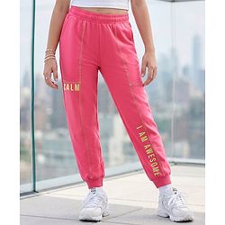 Pine Kids Cotton Knit Full Length Track Pant with Calm Text Print - Dark Pink