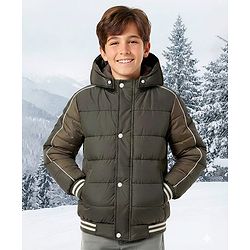 Pine Kids Woven Full Sleeves Hooded Solid Padded Jacket - Olive Green