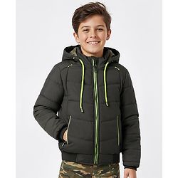 Pine Kids Woven Full Sleeves Hooded Solid Padded Jacket - Olive Green