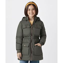 Pine Kids Woven Full Sleeves Solid Hooded Padded Jacket - Olive Green