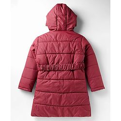 Pine Kids Woven Full Sleeves Solid Coloured Padded Hooded Jacket With Belt - Maroon