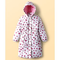 Pine Kids Woven Full Sleeves Hooded Padded Jacket With Heart Print - Pink
