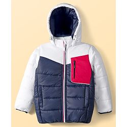 Pine Kids Woven Full Sleeves Solid Color Padded Hooded Winter Jacket - Navy Blue
