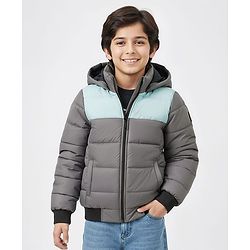 Pine Kids Woven Full Sleeves Hooded Solid Padded Jacket - Grey