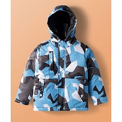Pine Kids Woven Full Sleeves Hooded Padded Jacket with Camouflage Print - Blue