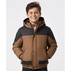 Pine Kids Woven Full Sleeves Solid Hooded Padded Jacket - Brown