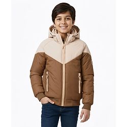 Pine Kids Woven Full Raglan Sleeves Color Block Padded  Hoodie - Beige & Tan