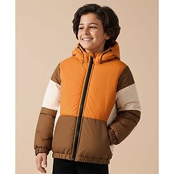 Pine Kids Woven Full Sleeves Hooded Padded Jacket With Color Block Design - Tan