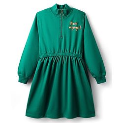 Pine Kids Cotton Knit Full Sleeves Sweatshirt Dress With Text Print - Dark Green