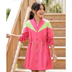 Pine Kids Cotton Knit Full Sleeves Winter Sweatshirt Dress With Cut & Sew Design - Dark Pink