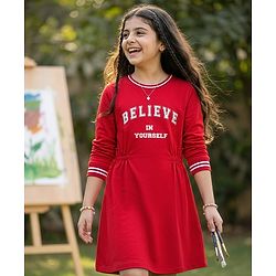 Pine Kids Cotton Knit Full Sleeves Winter Sweatshirt Dress With Believe in Yourself Text Print - Red