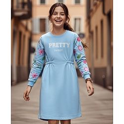 Pine Kids Cotton Knit Full Sleeves Frock With Floral Print - Light Blue
