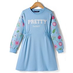 Pine Kids Cotton Knit Full Sleeves Frock With Floral Print - Light Blue