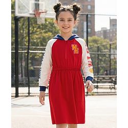 Pine Kids Cotton Knit Full Raglan Sleeves Hooded Sweatshirt Dress With Text Print - Red & White