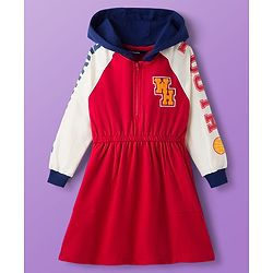 Pine Kids Cotton Knit Full Raglan Sleeves Hooded Sweatshirt Dress With Text Print - Red & White