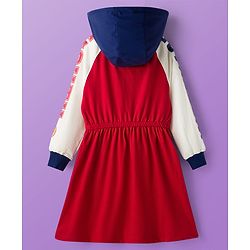 Pine Kids Cotton Knit Full Raglan Sleeves Hooded Sweatshirt Dress With Text Print - Red & White