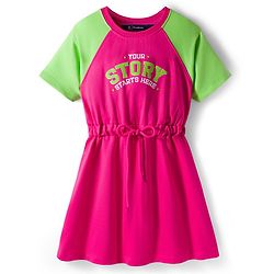 Pine Kids Cotton Knit Half Raglan Sleeves Sweatshirt Dress With Text Print - Dark Pink