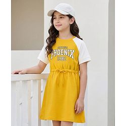Pine Kids Cotton Knit Half Raglan Sleeves Sweatshirt Dress With Text Print - Yellow