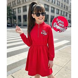 Pine Kids Cotton Knit Full Sleeves Winter Sweatshirt Dress With You are Enough Text Print - Red