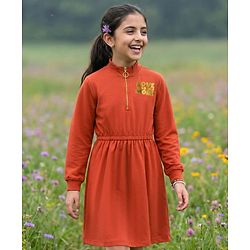 Pine Kids Cotton Knit Full Sleeves Sweatshirt Dress With Text Foil Print - Red