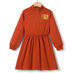 Pine Kids Cotton Knit Full Sleeves Sweatshirt Dress With Text Foil Print - Red