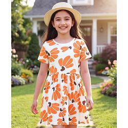 Pine Kids Cotton Knit Half Sleeves Frock with Floral Print - Peach