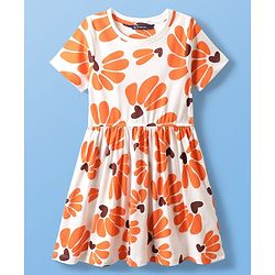 Pine Kids Cotton Knit Half Sleeves Frock with Floral Print - Peach