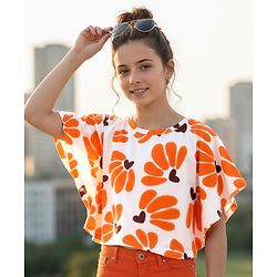 Pine Kids Cotton Knit Half Sleeves Kaftan Style Top with Floral Print - Orange & White