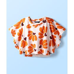 Pine Kids Cotton Knit Half Sleeves Kaftan Style Top with Floral Print - Orange & White