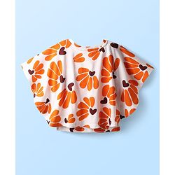 Pine Kids Cotton Knit Half Sleeves Kaftan Style Top with Floral Print - Orange & White