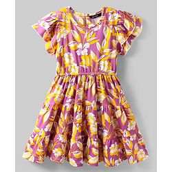 Pine Kids Cotton Knit Flutter Sleeves Frock With Floral Print - Plum & Yellow