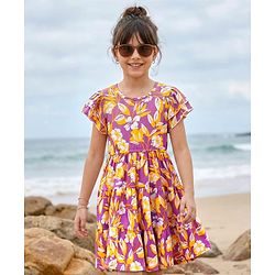 Pine Kids Cotton Knit Flutter Sleeves Frock With Floral Print - Plum & Yellow