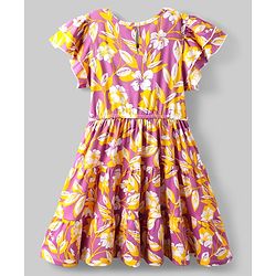 Pine Kids Cotton Knit Flutter Sleeves Frock With Floral Print - Plum & Yellow