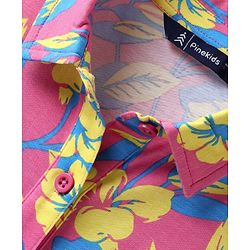 Pine Kids Cotton Knit Half Sleeves Frock With Belt & Floral Print - Dark Pink