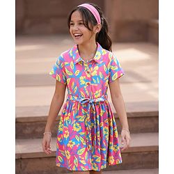 Pine Kids Cotton Knit Half Sleeves Frock With Belt & Floral Print - Dark Pink