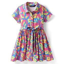 Pine Kids Cotton Knit Half Sleeves Frock With Belt & Floral Print - Dark Pink