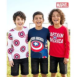 Pine Kids Marvel Single Jersey Knit Full Sleeves T-Shirts with Avengers Captain America Graphic Pack of 3 - White Blue & Red