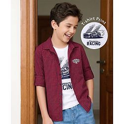 Pine Kids 100% Cotton Full Sleeves Checks Shirt With T-Shirt - Dark Red & White