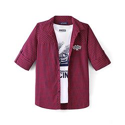 Pine Kids 100% Cotton Full Sleeves Checks Shirt With T-Shirt - Dark Red & White