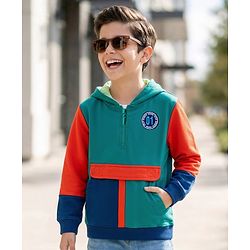 Pine Kids Knit Full Sleeves Hooded Sweatshirt With Badge Detailing & Kangaroo Pockets - Mint Green