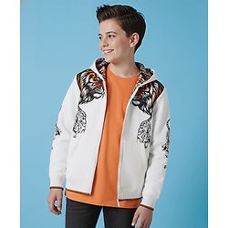 Pine Kids Knit Full Sleeves Hooded Sweatjacket With Animal Print & Kangaroo Pockets - White