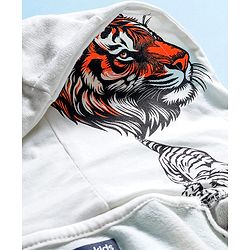 Pine Kids Knit Full Sleeves Hooded Sweatjacket With Animal Print & Kangaroo Pockets - White