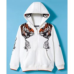 Pine Kids Knit Full Sleeves Hooded Sweatjacket With Animal Print & Kangaroo Pockets - White