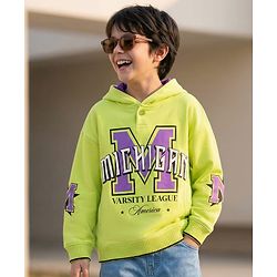 Pine Kids Knit Full Sleeves Hooded Sweatshirt With Michigan Text Print - Lime Green
