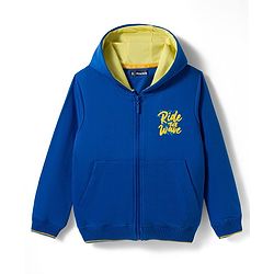 Pine Kids Knit Full Sleeves Hooded SweatJacket with Text Graphic & Kangaroo Pocket - Blue