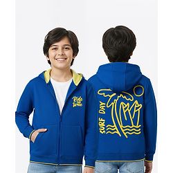 Pine Kids Knit Full Sleeves Hooded SweatJacket with Text Graphic & Kangaroo Pocket - Blue