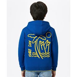 Pine Kids Knit Full Sleeves Hooded SweatJacket with Text Graphic & Kangaroo Pocket - Blue