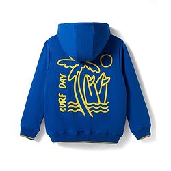 Pine Kids Knit Full Sleeves Hooded SweatJacket with Text Graphic & Kangaroo Pocket - Blue