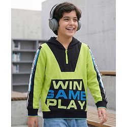 Pine Kids Full Sleeves Hooded Sweatshirt With Win Game Play Text & Kangaroo Pockets - Limegreen