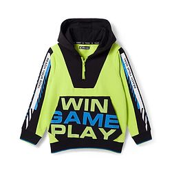 Pine Kids Full Sleeves Hooded Sweatshirt With Win Game Play Text & Kangaroo Pockets - Limegreen